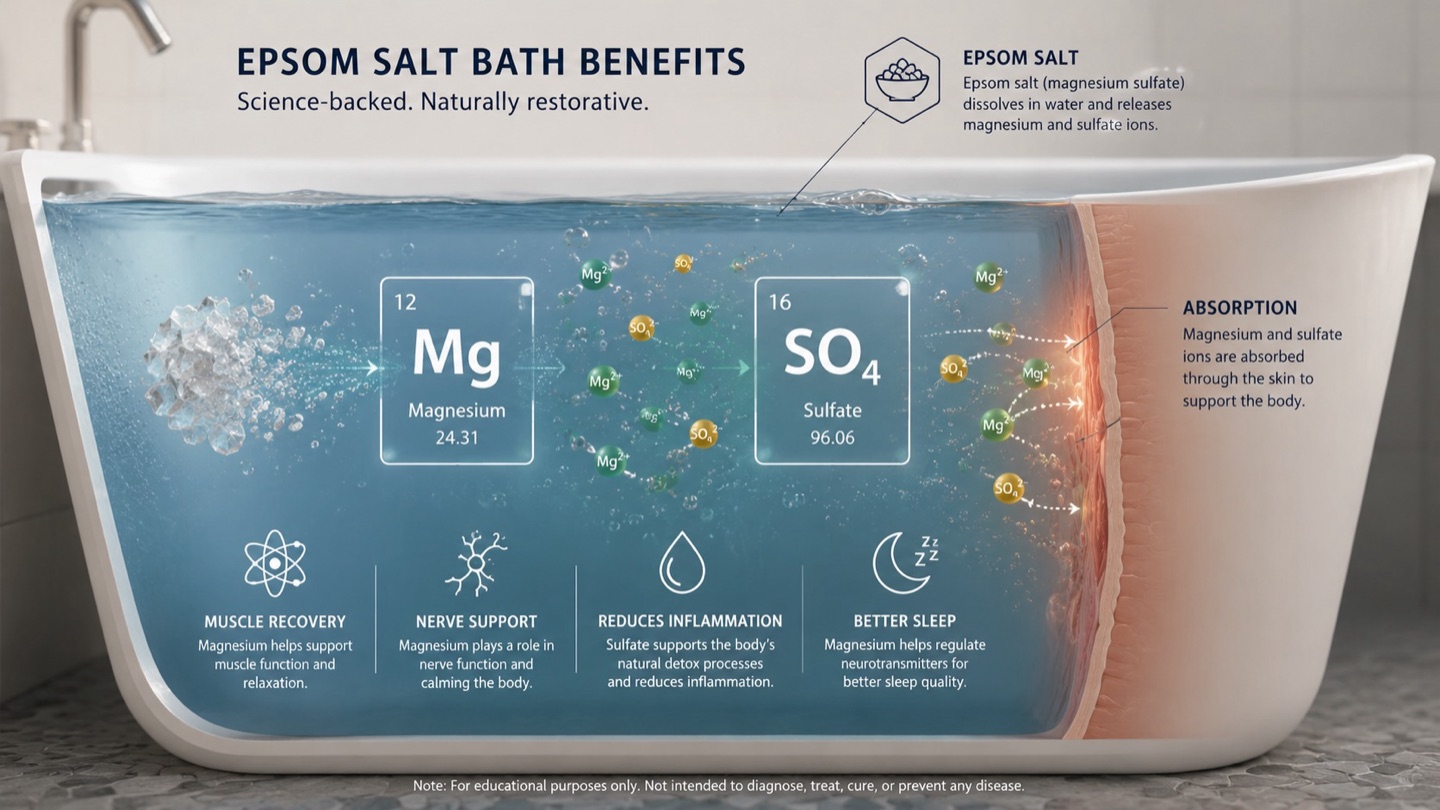 Epsom salt bath benefits infographic — how magnesium and sulfate support the body