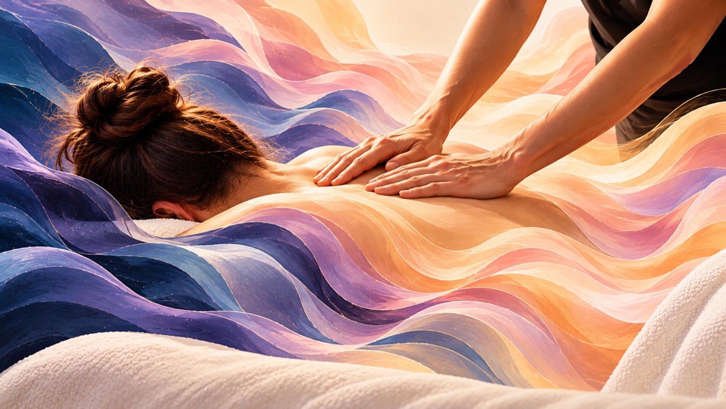 A massage therapist's hands on a client's back, surrounded by flowing waves of purple, pink, and orange.